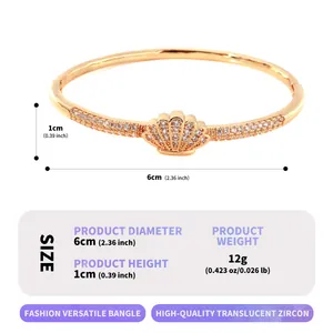 Size specifications for rose gold shell bangle with translucent zircon diameter and weight.