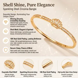 Elegant 18K gold-plated shell bangle for women featuring sparkling zircon pavé settings