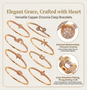 Close-up detail of gold-plated copper bangles featuring sparkling zircon ocean motifs