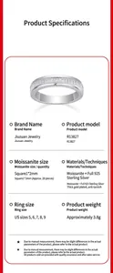 Technical details of the 925 sterling silver ring featuring square moissanite stone insets
