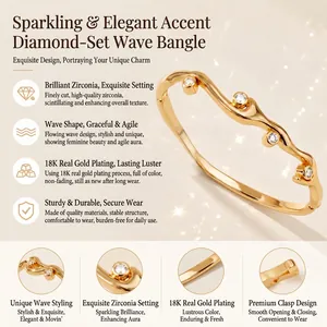 Bracelet vague élégant en cuivre plaqué or 18 carats avec zircons scintillants