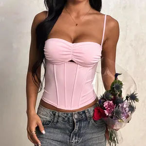Women Ruched Corset Bustier Camisole Top Polyester Spandex Mesh Fishbone Slim Fit Cropped Summer Streetwear