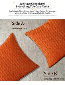 Close-up of orange textured corduroy pillow cover showing 3D bubble velvet fabric