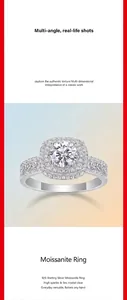 Detailed close-up of 925 sterling silver moissanite ring with halo setting