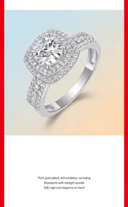 Macro detail of high-end square halo moissanite ring with premium thick gold plating
