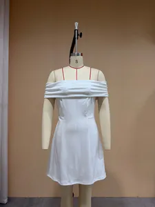 Front view detail of an elegant white off-the-shoulder A-line mini dress on mannequin
