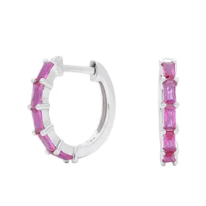 Elegant S925 sterling silver hoop earrings with pink baguette-cut zircon stones.