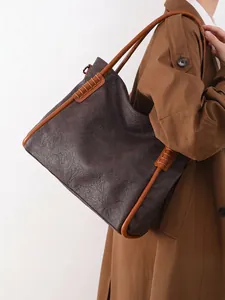 Women Large Capacity Tote Bag Soft PU Leather Contrast Shoulder Bag Urban Minimalist Commuter Handbag Elegant Daily Shopper Bag