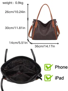 Large capacity soft faux leather tote shoulder bag with interior compartments and dimensions