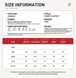 Comprehensive size chart and material details for women's quick-dry yoga short sleeve top
