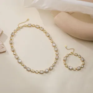 Vintage luxury geometric rhinestone choker necklace and bracelet jewelry set in gold
