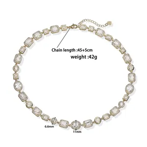 Vintage luxury geometric clear CZ choker necklace with 45+5cm length and weight specifications