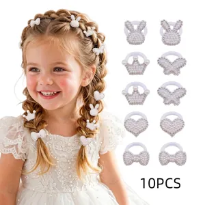 Chouchous Enfants Haute Élasticité Künstliche Perles Strass Set Nœud Cœur Couronne Lapin Forme Cordes à Cheveux Accessoires Filles