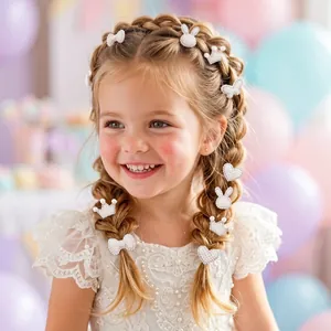 Détail des accessoires de cheveux en perles et strass sur les tresses d'une fillette