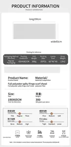 Detailed technical specs for polyester fringe scarf with dimensions and care instructions