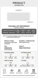 Detailed technical specs for polyester fringe scarf with dimensions and care instructions