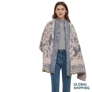 Elegant Women Polyester Paisley Bird Pattern Scarf Winter Warm Large Shawl With Tassels Double Sided Scarf Shawl Daily Travel