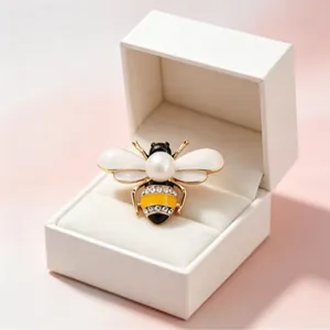 Exquisite enamel honey bee brooch with large pearl and sparkling crystals in gift box