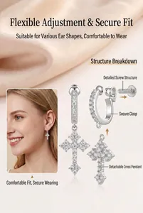 Detailed breakdown of silver zircon cross earrings featuring a detachable pendant design.