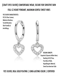Detail view of sparkling S925 sterling silver hollow heart earrings with zircon stones.