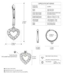 Detailed specifications of S925 silver hollow heart drop earrings with cubic zirconia.