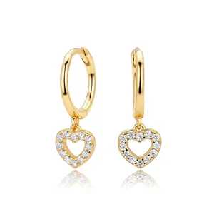 Elegant gold plated S925 sterling silver hoop earrings with hollow heart zircon pendants
