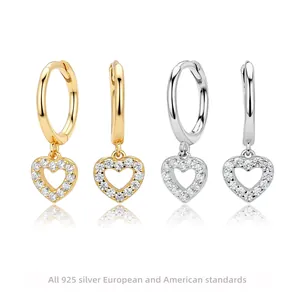 Heart Hoop Earrings 925 Sterling Silver 5A Zircon Micro Pave Hollow Pendant Simple Chic Jewelry For Women