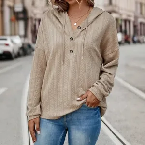 Women's loose casual solid color hooded sweatshirt with textured knit and button V-neck