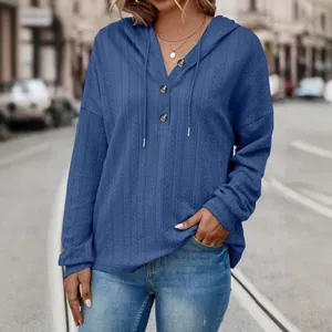 Casual women's blue hooded sweatshirt with long sleeves and unique button V-neck design