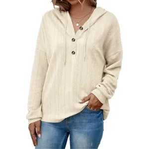 Casual loose cream waffle knit hooded sweatshirt for women with button v-neck design