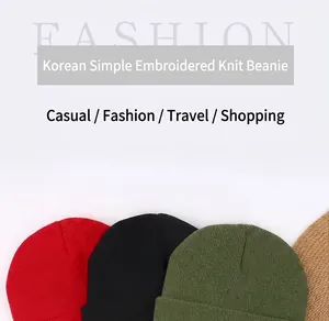 A row of colorful knitted beanies showing various color options for winter fashion.