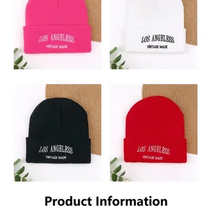 Set of 4 colorful knit beanies with Los Angeles embroidery in pink, white, black, red