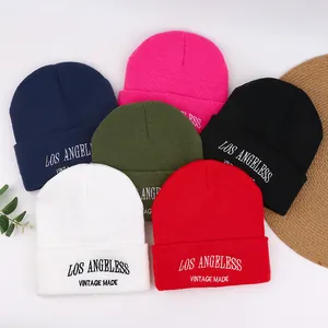 Knitted Beanie Hat Cotton Warm Ribbed Letter Embroidered Streetwear Retro Vintage Winter Cap For Men Women