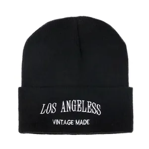 Black embroidered knit beanie with LOS ANGELESS vintage design for winter warmth