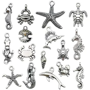 Set of Tibetan silver ocean creature charms like seahorses and starfish for DIY jewelry making.