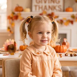 Toddler girl wearing pumpkin embroidered hair clips in a warm Thanksgiving setting