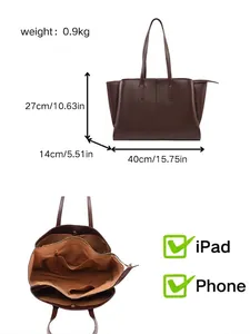 Large brown synthetic leather tote bag showing product dimensions and interior storage