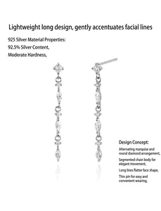 Detail of S925 sterling silver long dangle earrings with sparkling marquise zircons