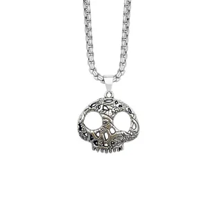 Vintage silver hollow-out skull pendant necklace with box chain for Halloween costume