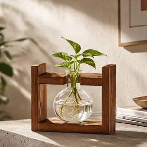 Close-up of minimalist wooden stand hydroponic glass vase for desktop office decor