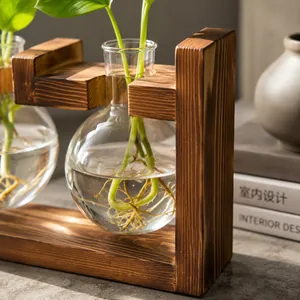 Close-up of a creative wooden stand with glass bulb vases for hydroponic plants
