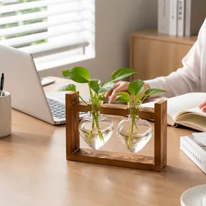 Creative wooden stand with two heart-shaped glass hydroponic vases for office decor
