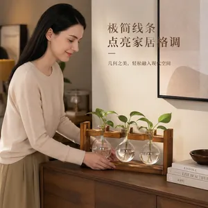 Detailed view of a minimalist wooden frame holding three glass bulb vases for hydroponics