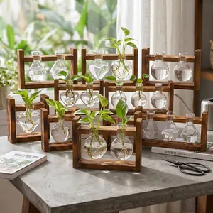 Retro Wood Stand Hydroponic Glass Vase Plant Propagation Station Heart Diamond Round Desktop Ornament Home Office Decor