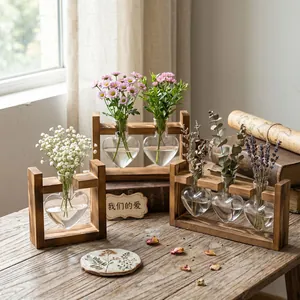Heart-shaped glass hydroponic vases with rustic wooden stands for desk decoration
