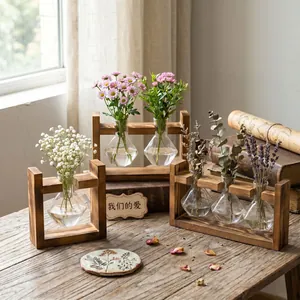 Minimalist wooden frame glass hydroponic vases set for creative office desktop decoration