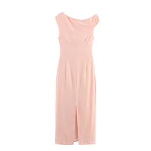 Elegant light pink midi dress featuring a stylish asymmetrical neckline and front slit detail