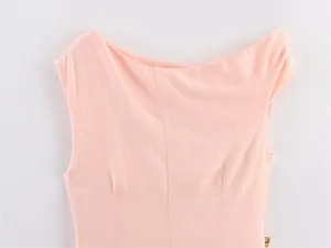 Close-up detail showing the asymmetric neckline of this elegant pink sleeveless midi dress