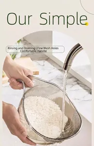 Detail showing multi-functional rice washing bowl with fine drainage mesh and ergonomic handle