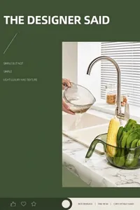 Lifestyle view of a multifunctional green kitchen rice strainer in a modern sink
